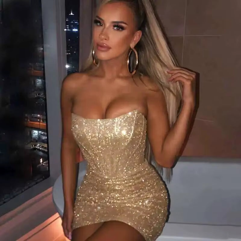 Night Club Party Woman Dress Sexy Bodycon Glitter Strapless Mini Short Prom Robe 2025 Summer Elegant Ruched Black Vestidos