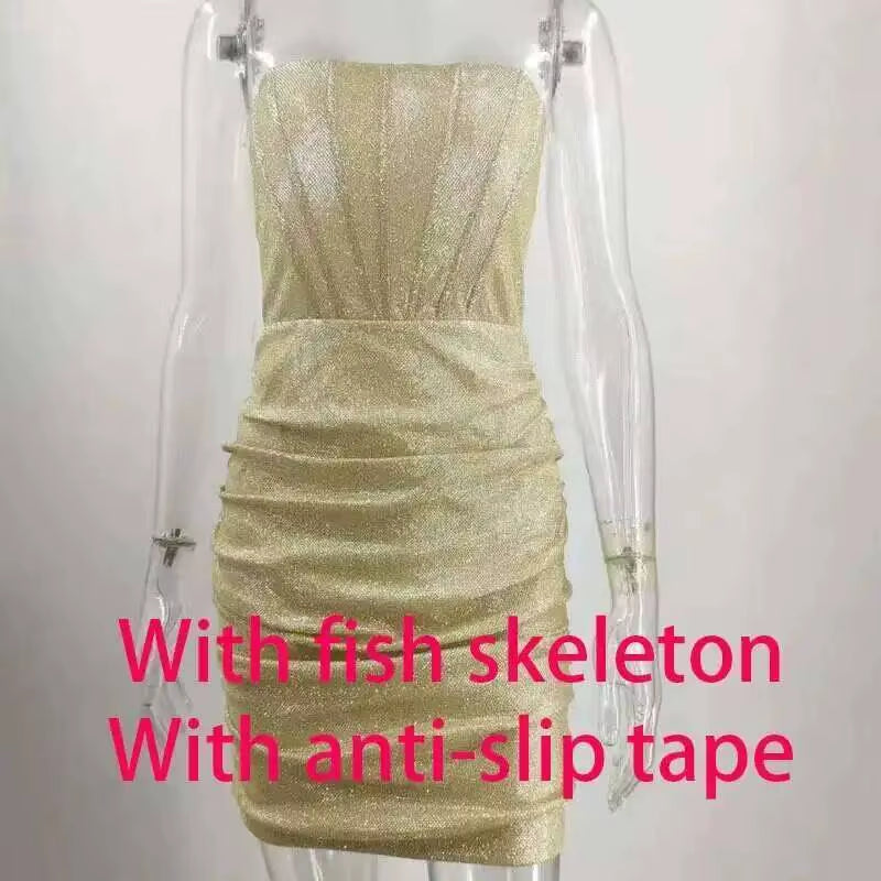 Night Club Party Woman Dress Sexy Bodycon Glitter Strapless Mini Short Prom Robe 2025 Summer Elegant Ruched Black Vestidos