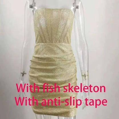 Night Club Party Woman Dress Sexy Bodycon Glitter Strapless Mini Short Prom Robe 2025 Summer Elegant Ruched Black Vestidos