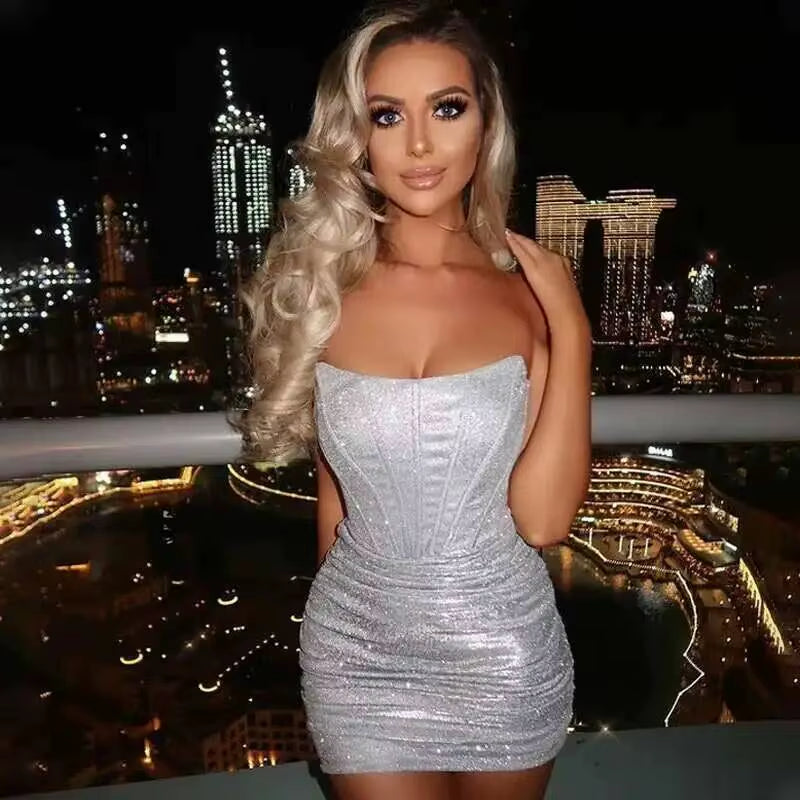 Night Club Party Woman Dress Sexy Bodycon Glitter Strapless Mini Short Prom Robe 2025 Summer Elegant Ruched Black Vestidos