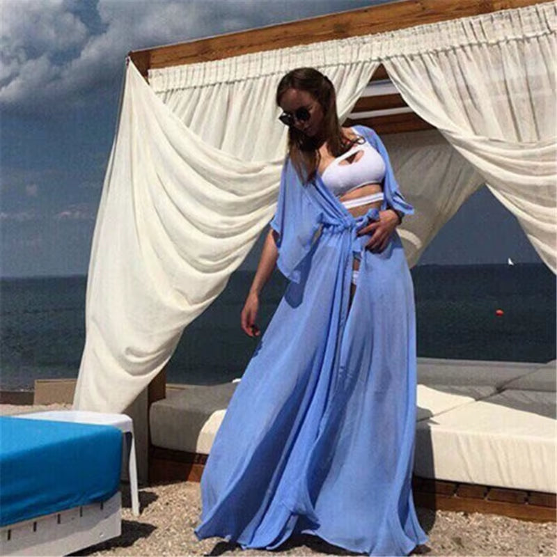 Summer Lady Beach Cover up Sexy Bikini 2024 Chiffon Long Dress for Women Solid Beach Dress Women Bathing Suit Beach Tunic Kaftan