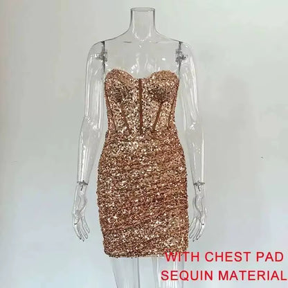 Night Club Party Woman Dress Sexy Bodycon Glitter Strapless Mini Short Prom Robe 2025 Summer Elegant Ruched Black Vestidos