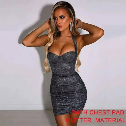 Night Club Party Woman Dress Sexy Bodycon Glitter Strapless Mini Short Prom Robe 2025 Summer Elegant Ruched Black Vestidos