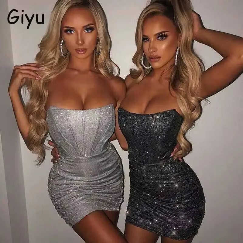 Night Club Party Woman Dress Sexy Bodycon Glitter Strapless Mini Short Prom Robe 2025 Summer Elegant Ruched Black Vestidos