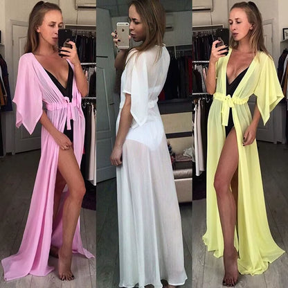 Summer Lady Beach Cover up Sexy Bikini 2024 Chiffon Long Dress for Women Solid Beach Dress Women Bathing Suit Beach Tunic Kaftan