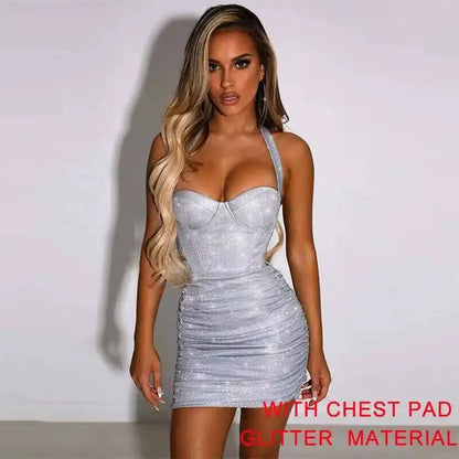 Night Club Party Woman Dress Sexy Bodycon Glitter Strapless Mini Short Prom Robe 2025 Summer Elegant Ruched Black Vestidos
