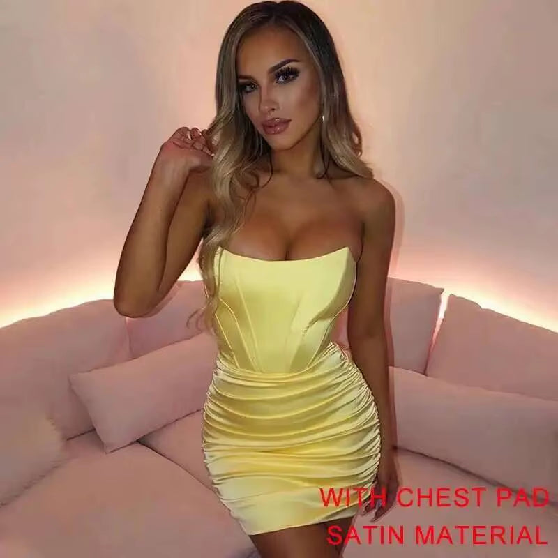 Night Club Party Woman Dress Sexy Bodycon Glitter Strapless Mini Short Prom Robe 2025 Summer Elegant Ruched Black Vestidos