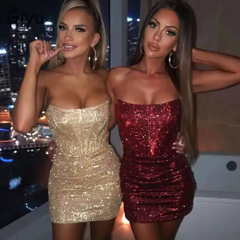 Night Club Party Woman Dress Sexy Bodycon Glitter Strapless Mini Short Prom Robe 2025 Summer Elegant Ruched Black Vestidos